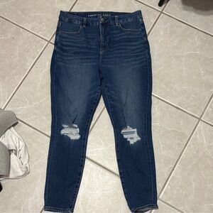 American Eagle Outfitters Dark Blue Distressed High-Rise Skinny Jeans